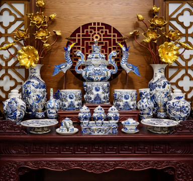 Bộ đồ thờ rồng men lam nổi vẽ vàng kim